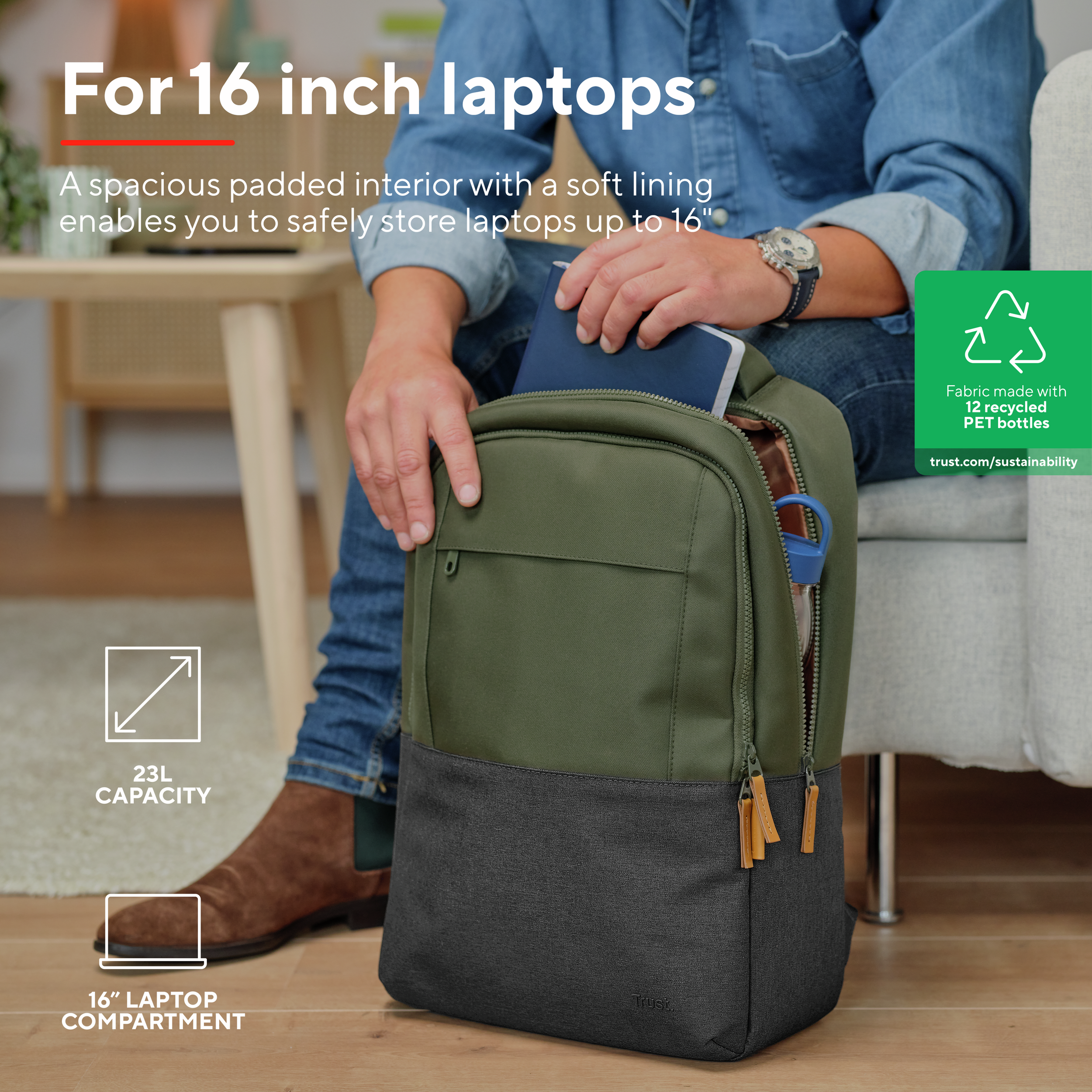 Backpack with a laptop and notebook inside. Man is holding the backpack, with text.