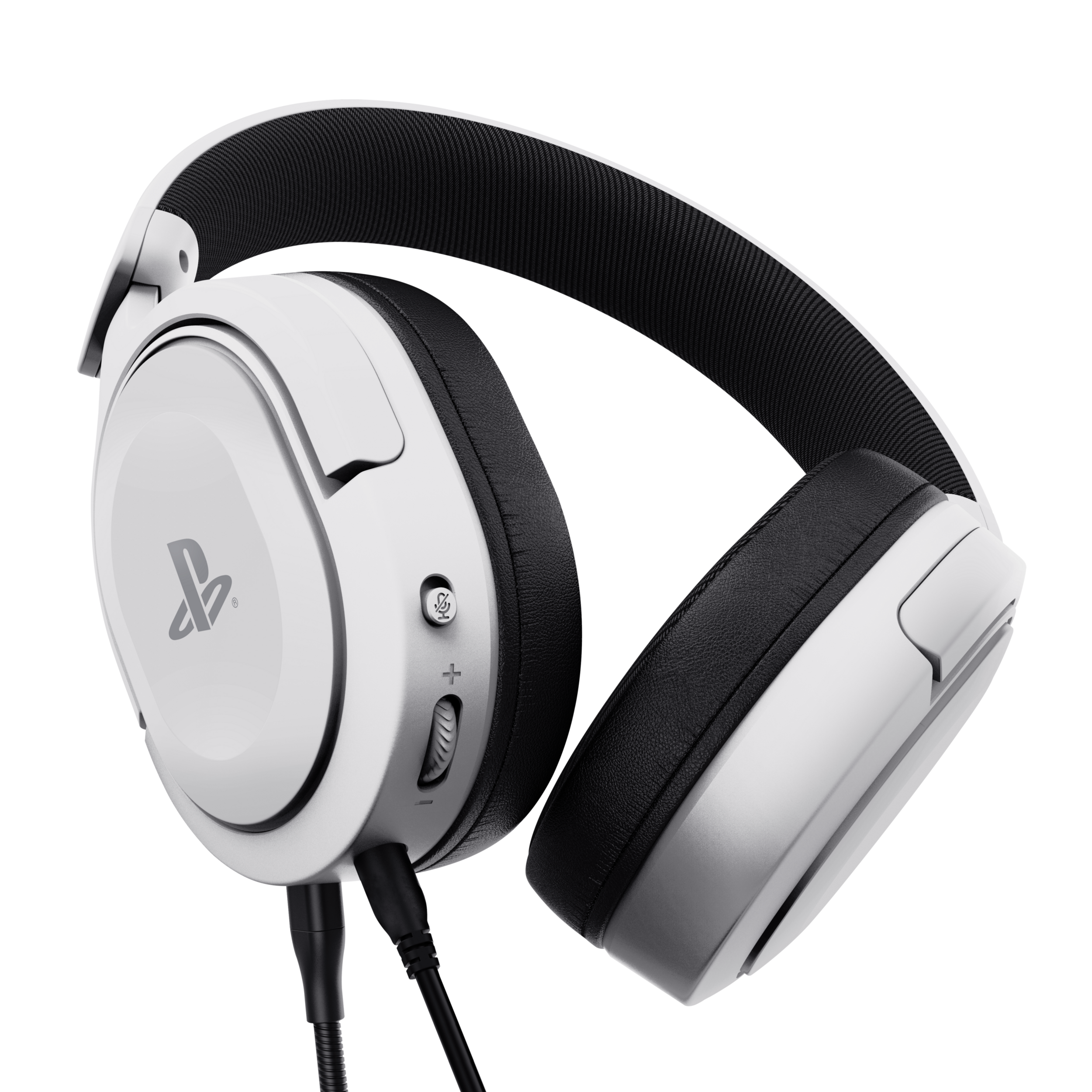 Casque de jeu blanc avec des touches noires et un microphone. Le logo PlayStation est visible.