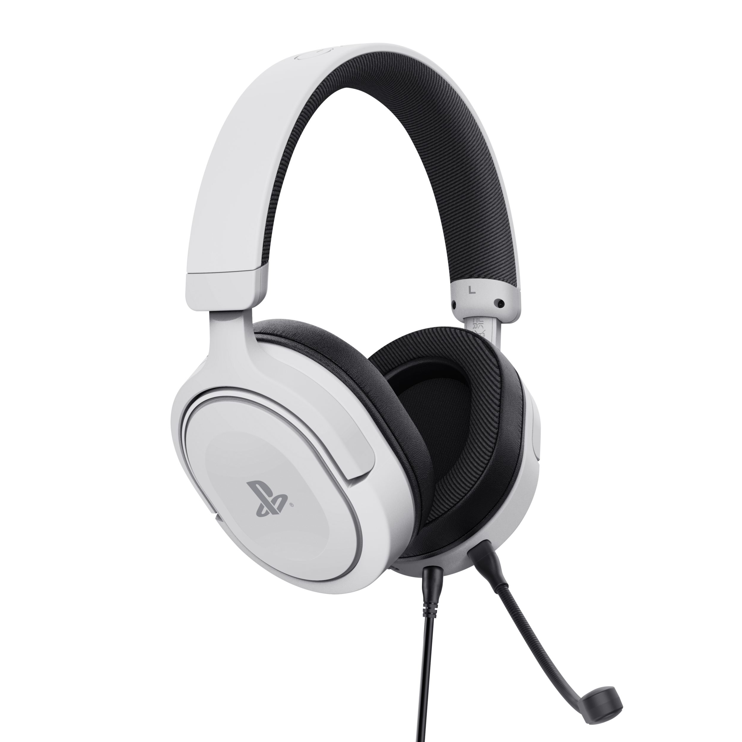 Casque de jeu blanc et noir, avec microphone, sur fond noir.
