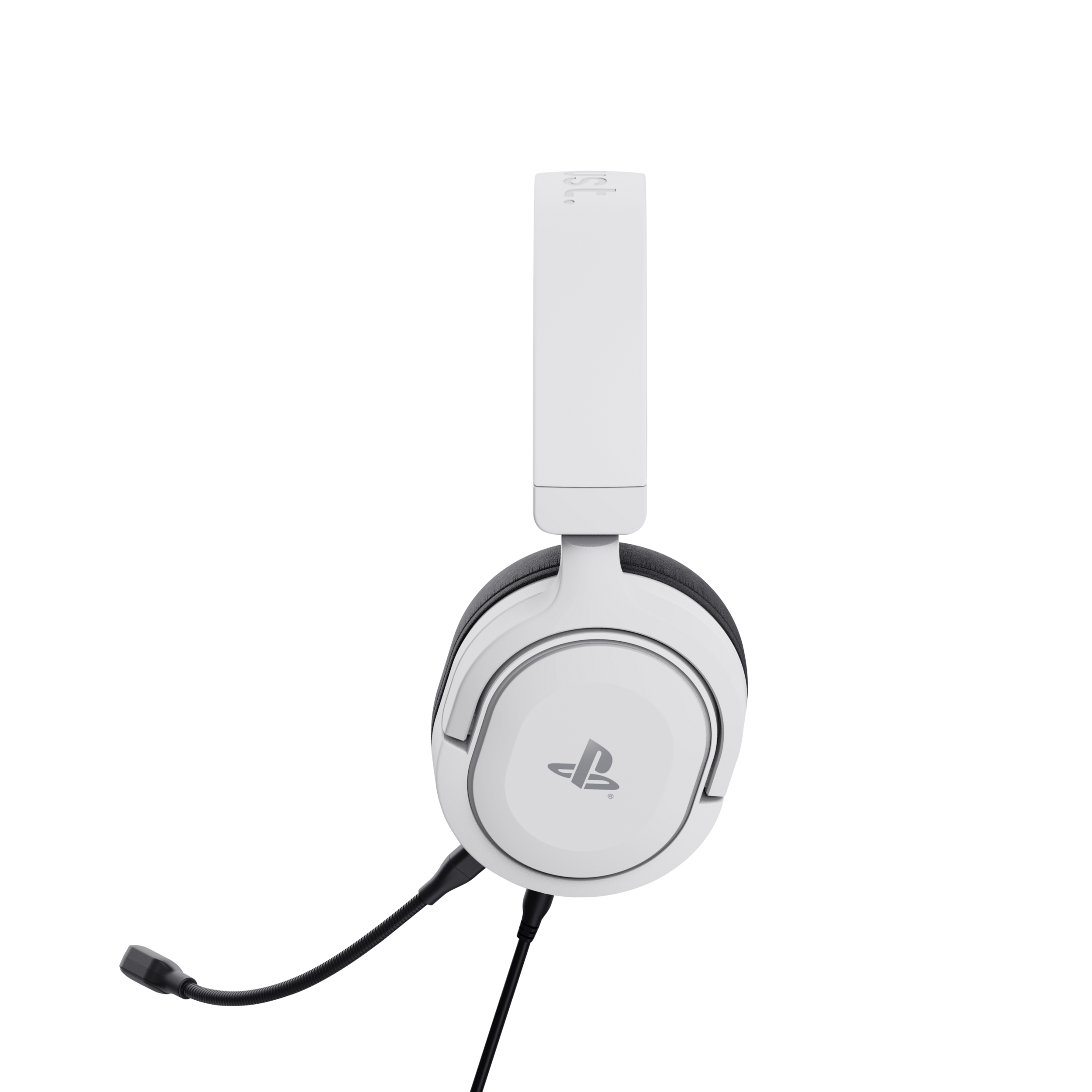 Un casque de jeu blanc avec un microphone sur fond noir. Le logo PlayStation est sur l'écouteur.
