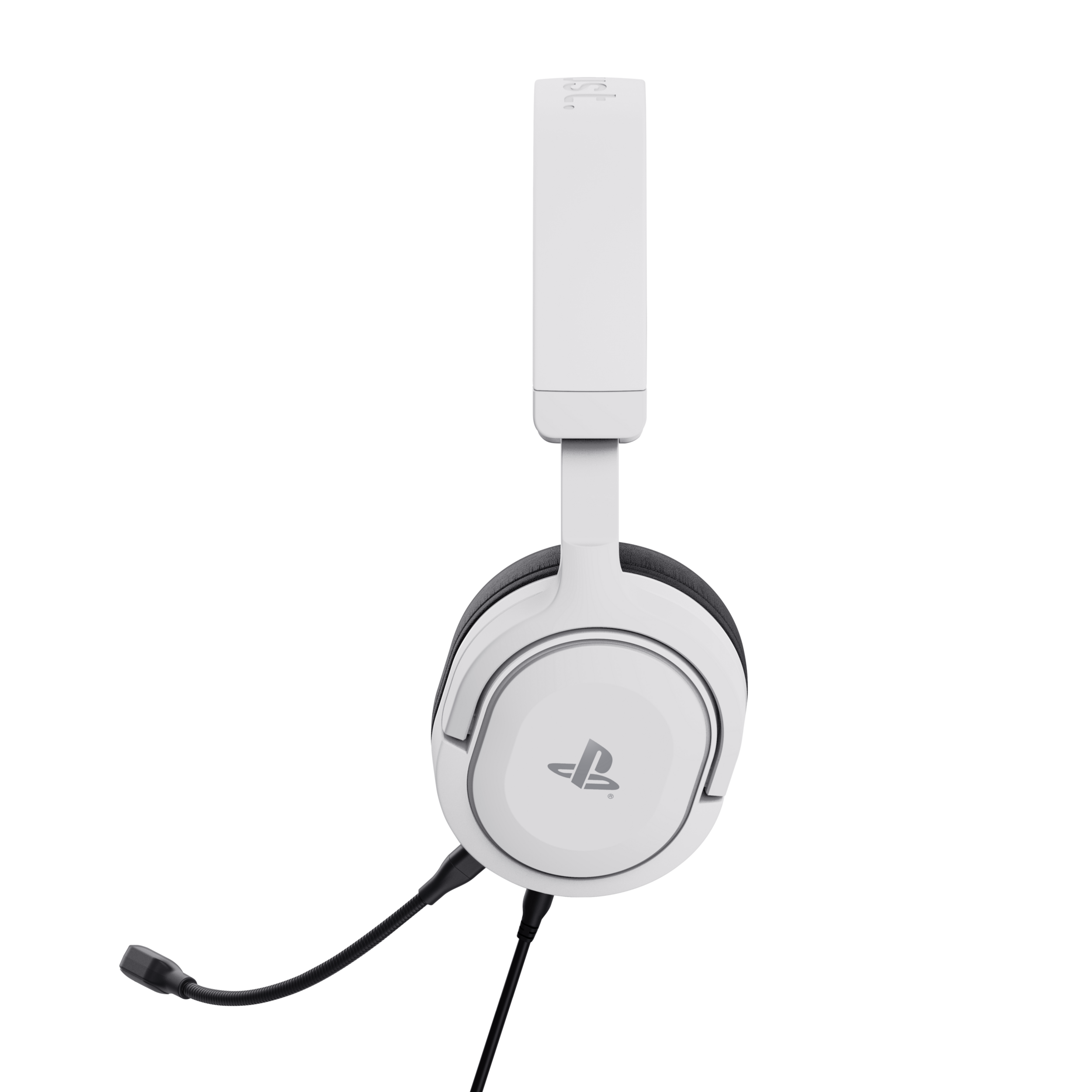 Casque de jeu PlayStation blanc avec microphone et le logo PlayStation.