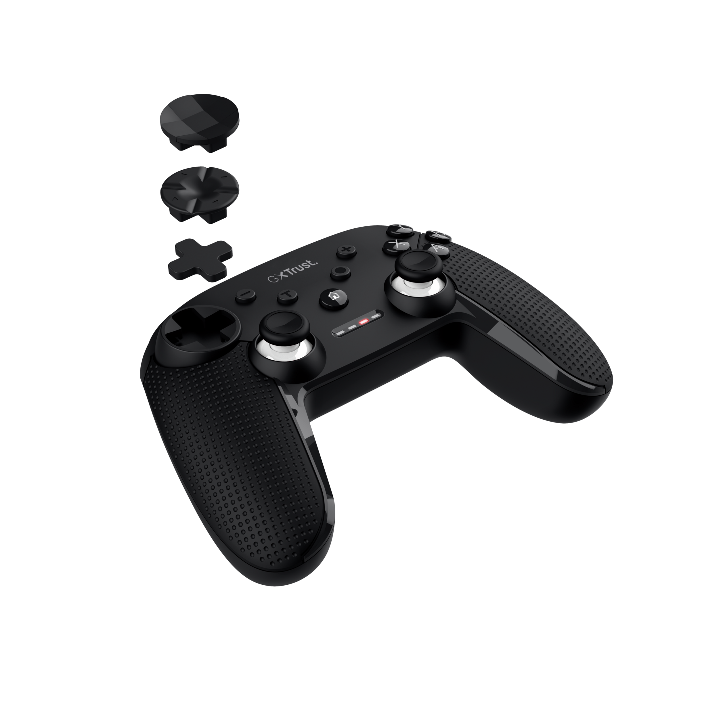 Ein schwarzer Gamecontroller mit abgenommenen Knöpfen und einem Steuerkreuz.