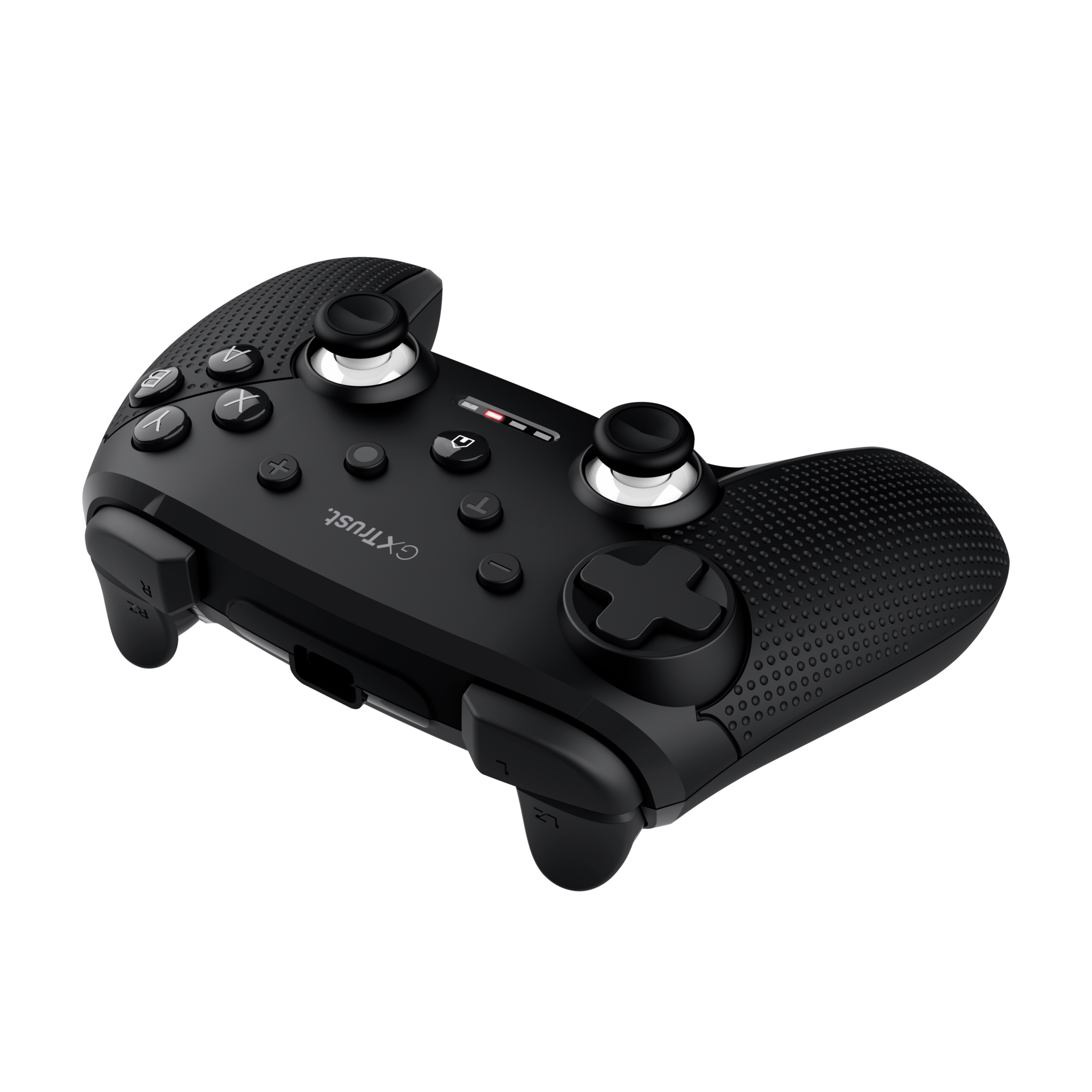 Schwarzer Gamecontroller. Er hat Knöpfe und Joysticks. Der Hintergrund ist schwarz.