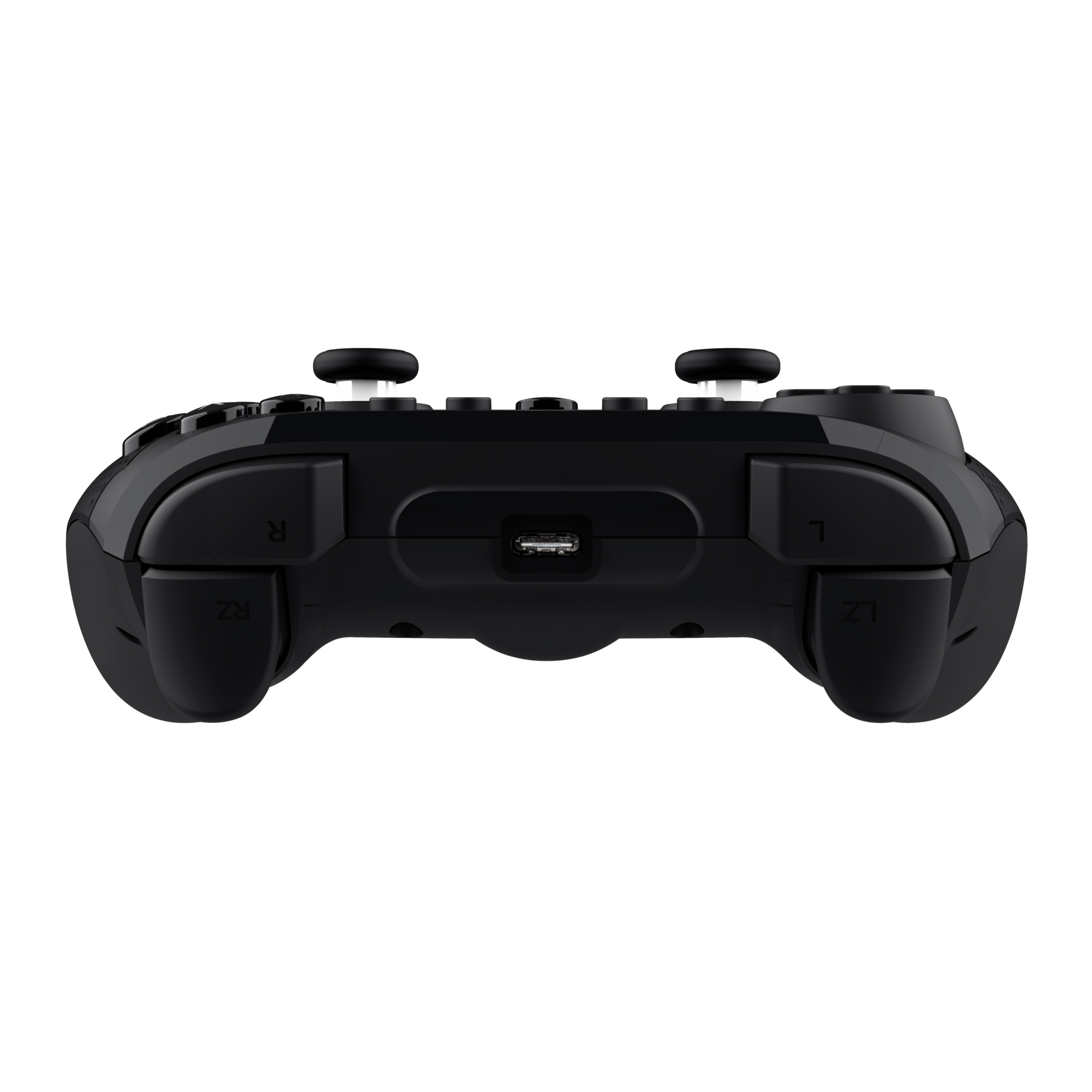 Schwarzer Gamecontroller, Unteransicht. Verfügt über Tasten und einen USB-Anschluss.