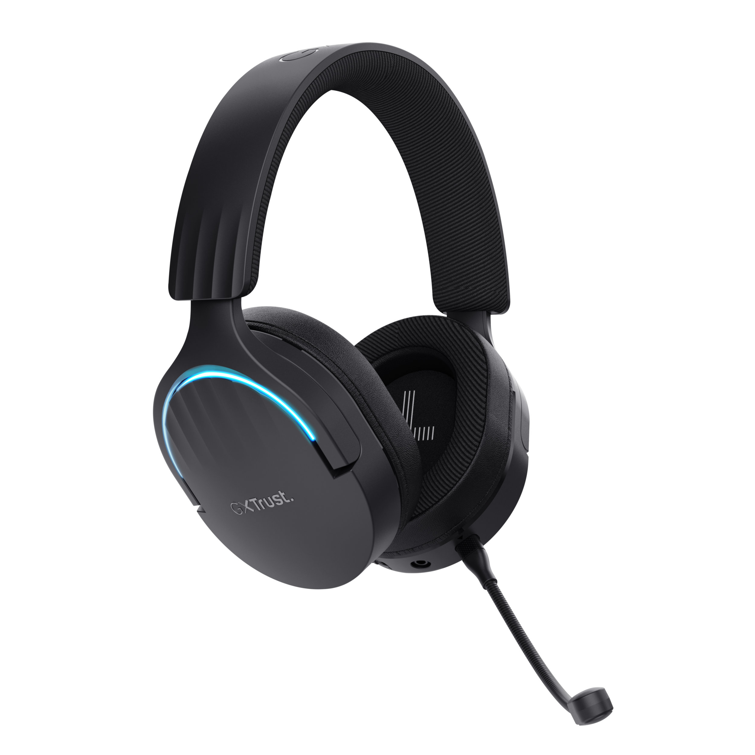 Un casque de jeu noir. Il a des oreillettes, un microphone et une lumière bleue autour des oreillettes.