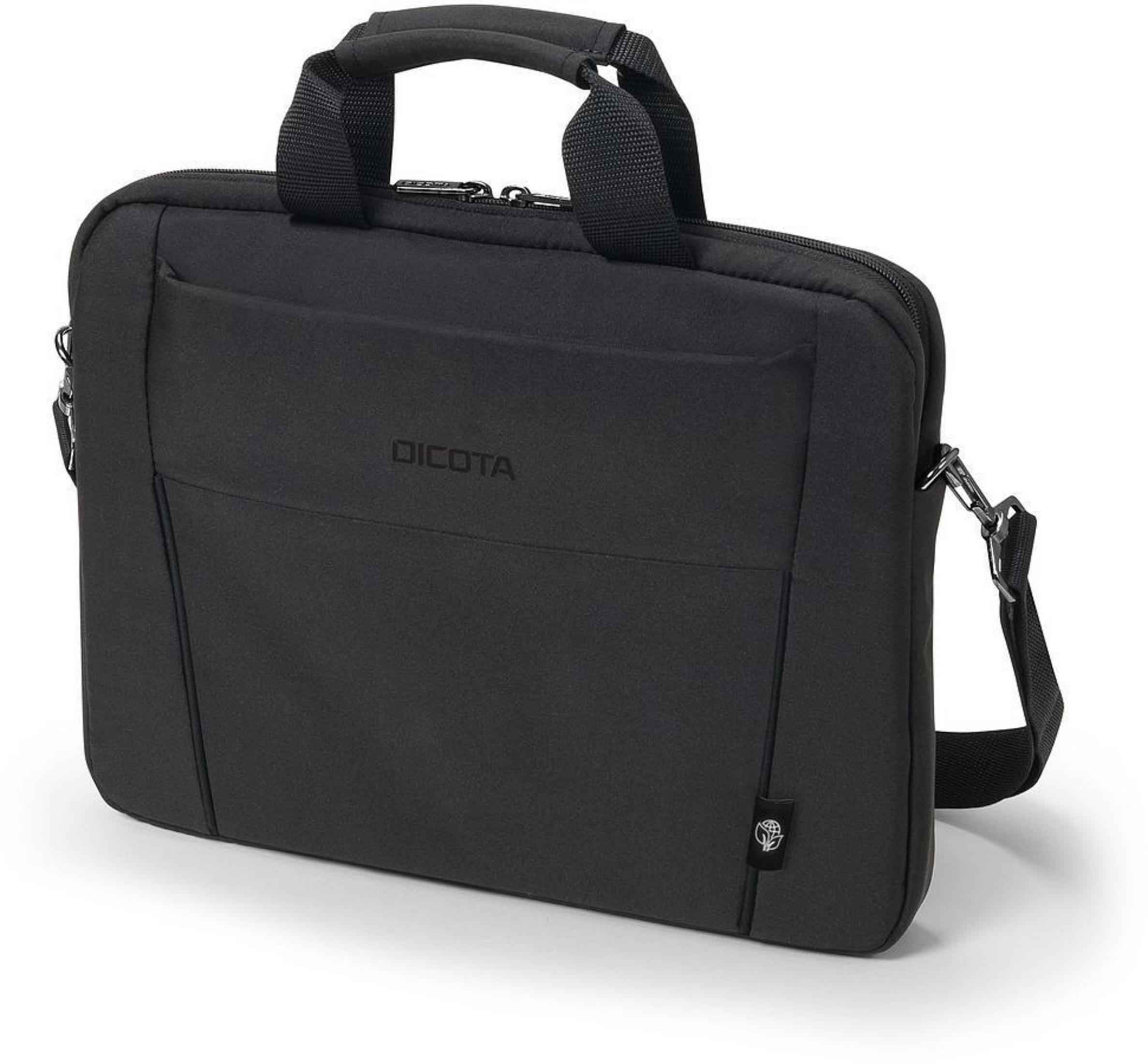 Borsa per laptop Dicota nera con manico e tracolla. Ha una tasca frontale e logo Dicota.