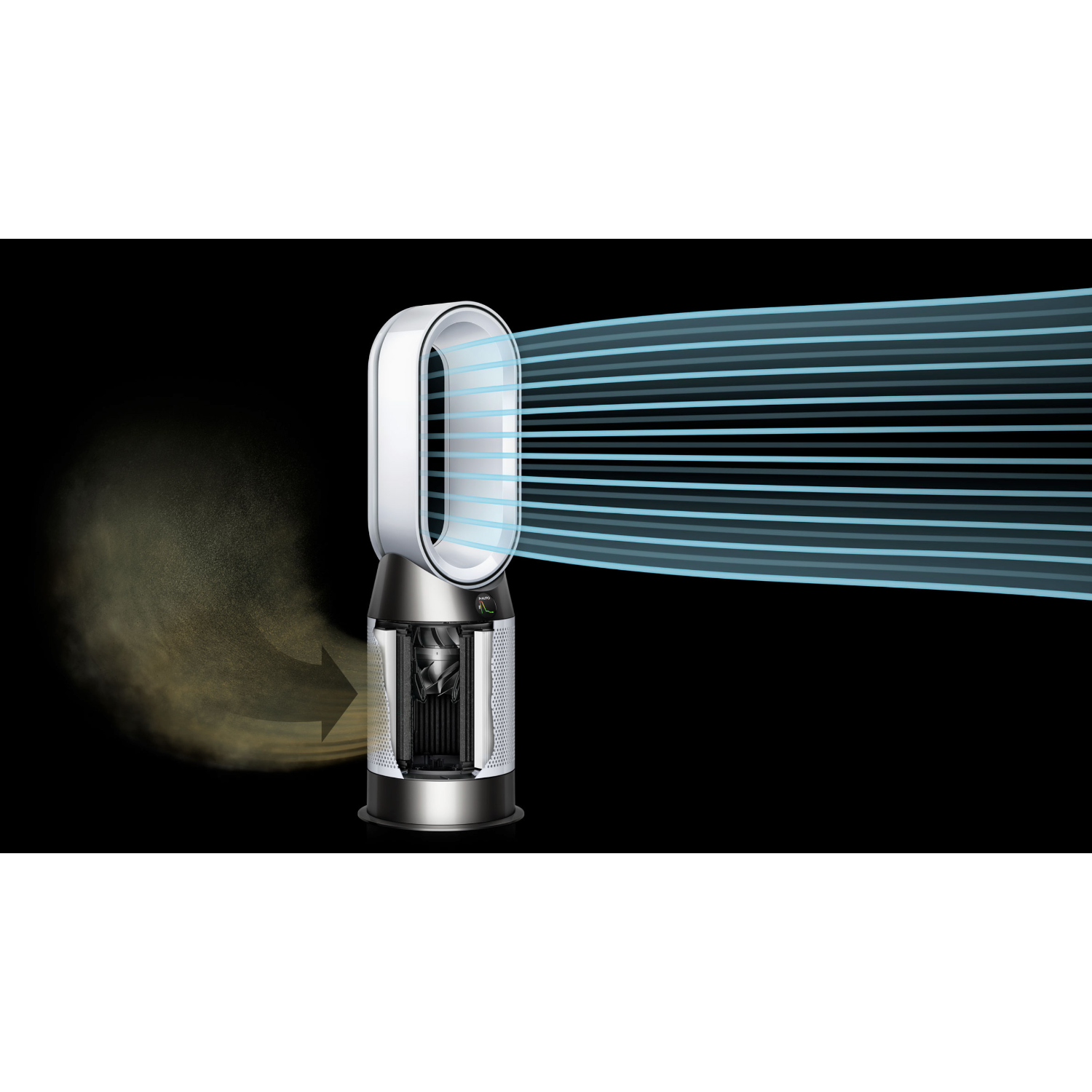 Ein weißer und silberner Ventilator mit blauem Luftstrom. Er bläst Luft und Staub.