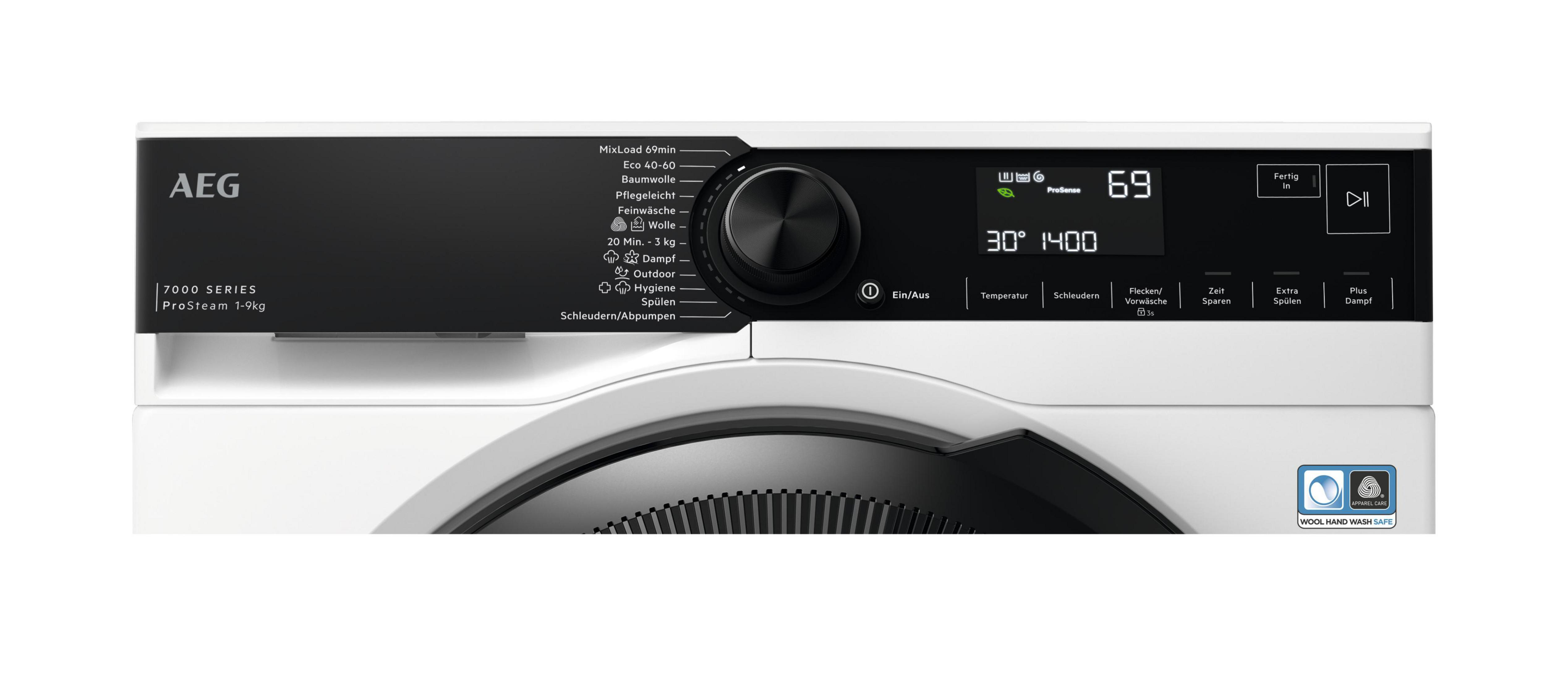 AEG 7000 Serie Waschmaschinen-Bedienfeld. Zeigt Einstellungen, Temperatur und Zeit an.