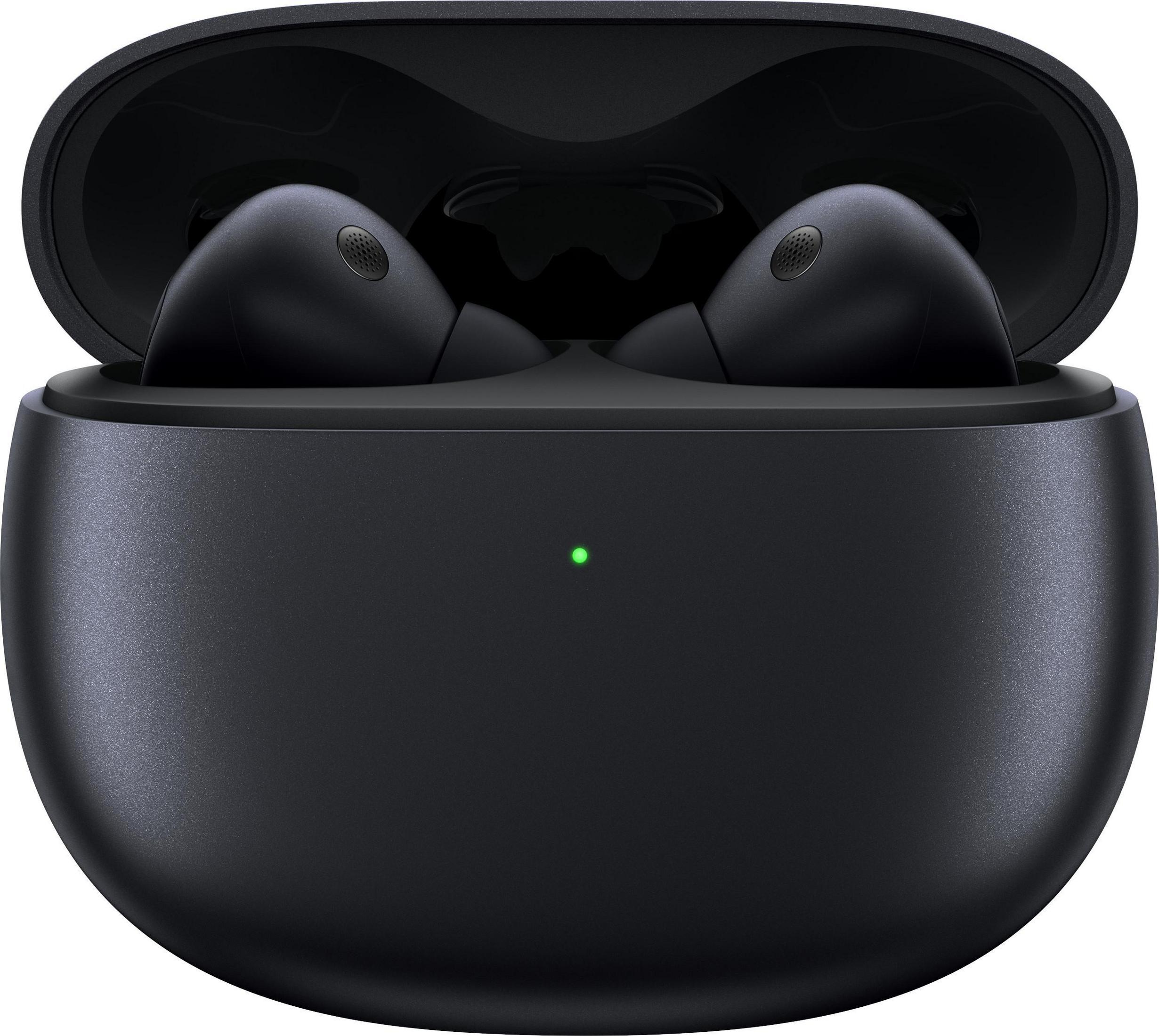 Auriculares inalámbricos negros en un estuche de carga. El estuche está abierto, mostrando los auriculares.