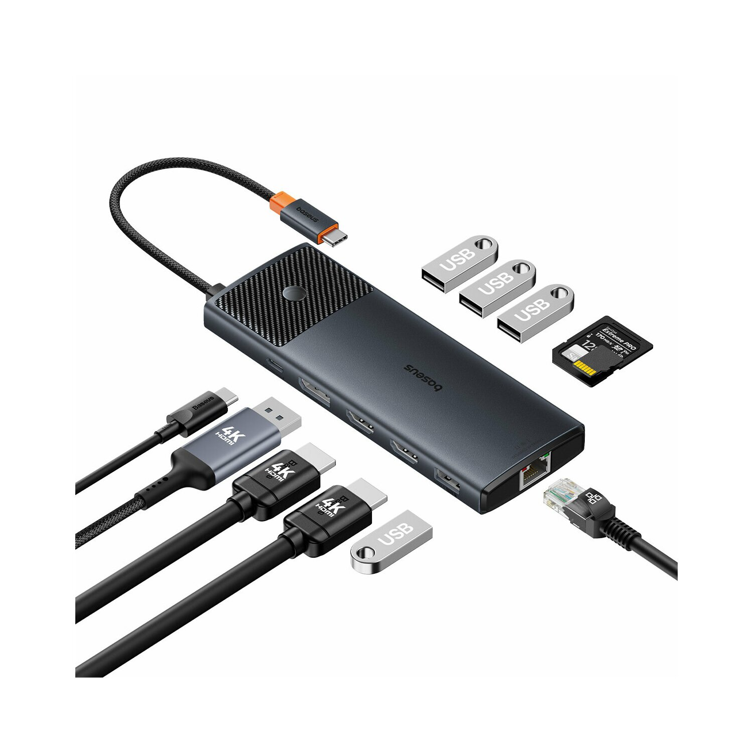 Un hub USB-C con porte e cavi, più unità USB e una scheda di memoria.