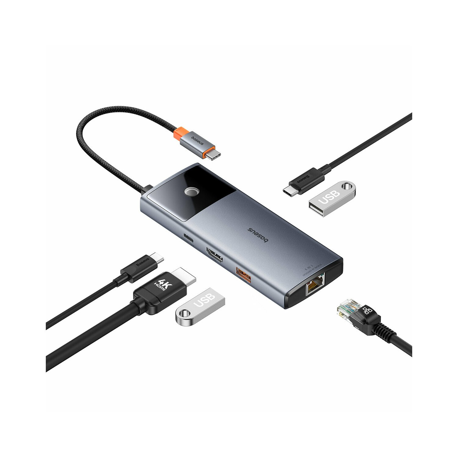 Ein grauer Hub mit mehreren Anschlüssen und Kabeln. USB-, Ethernet- und USB-C-Kabel sind angeschlossen.