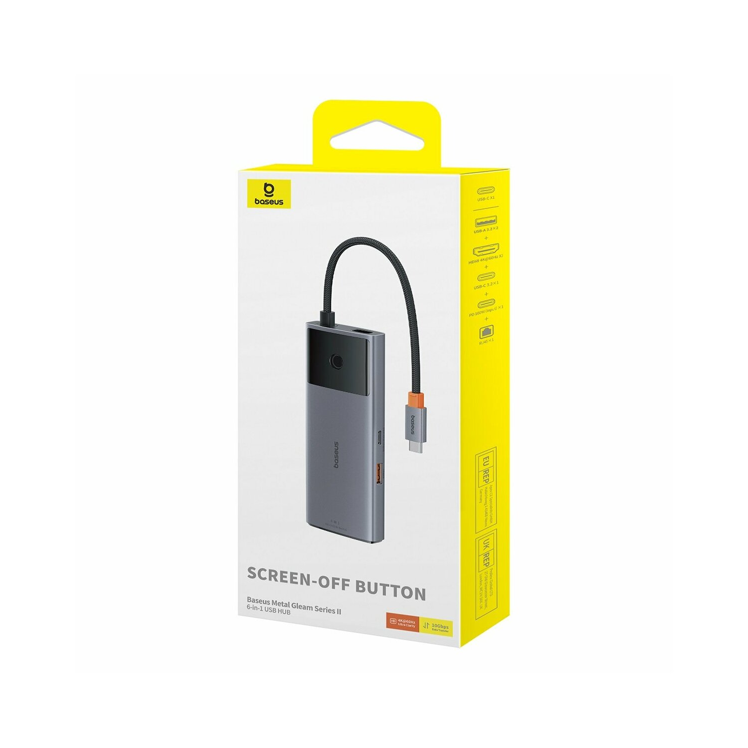 Eine gelb-weiße Box für einen Baseus 8-in-1 USB-Hub. Der Hub ist in der Box sichtbar.