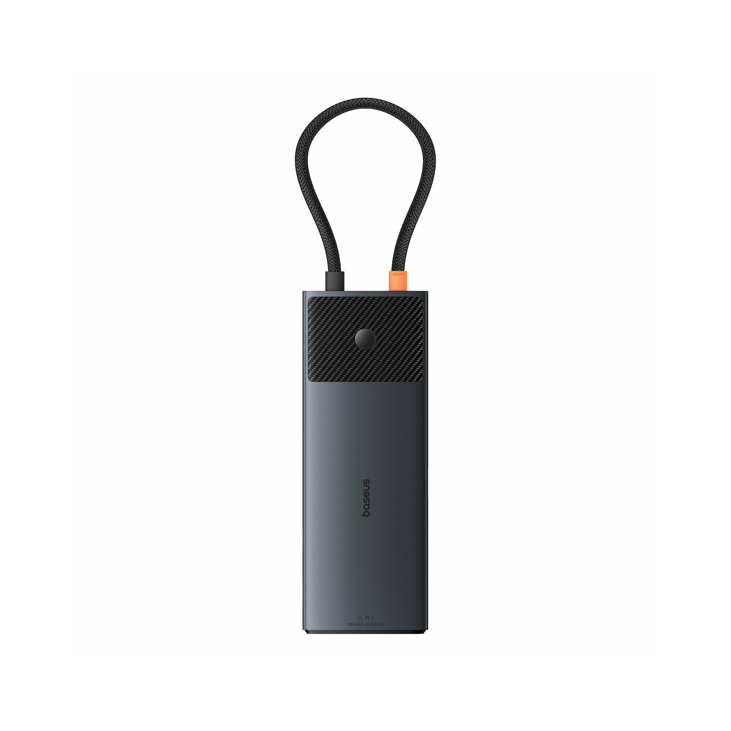 Un power bank grigio scuro con manico nero. Ha una sezione in fibra di carbonio nera. Lo sfondo è bianco.