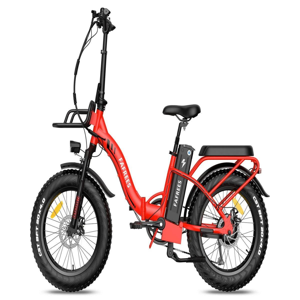 Rotes, faltbares Elektrofahrrad. Schwarze Reifen, Rahmen und Komponenten. FAFREES-Logo.