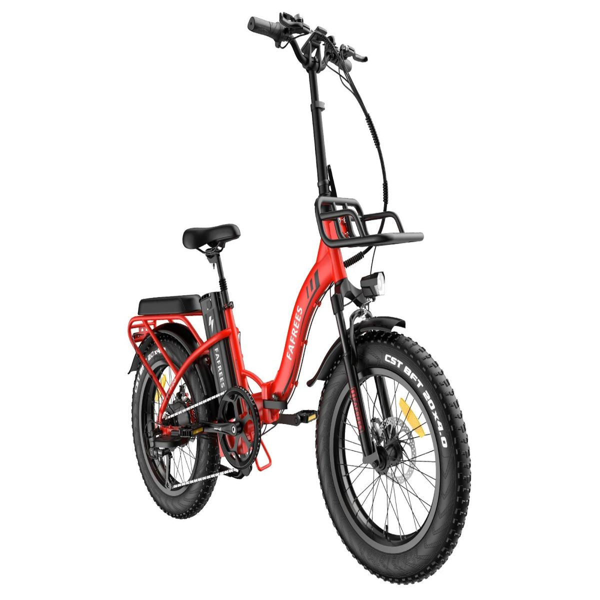Ein rotes, zusammenklappbares Elektrofahrrad mit schwarzen Komponenten, breiten Reifen und einem Frontkorb, isoliert.