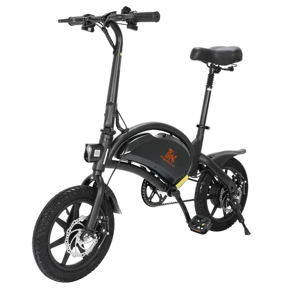 Bicicletta elettrica pieghevole nera, con faro e batteria, isolata su bianco.