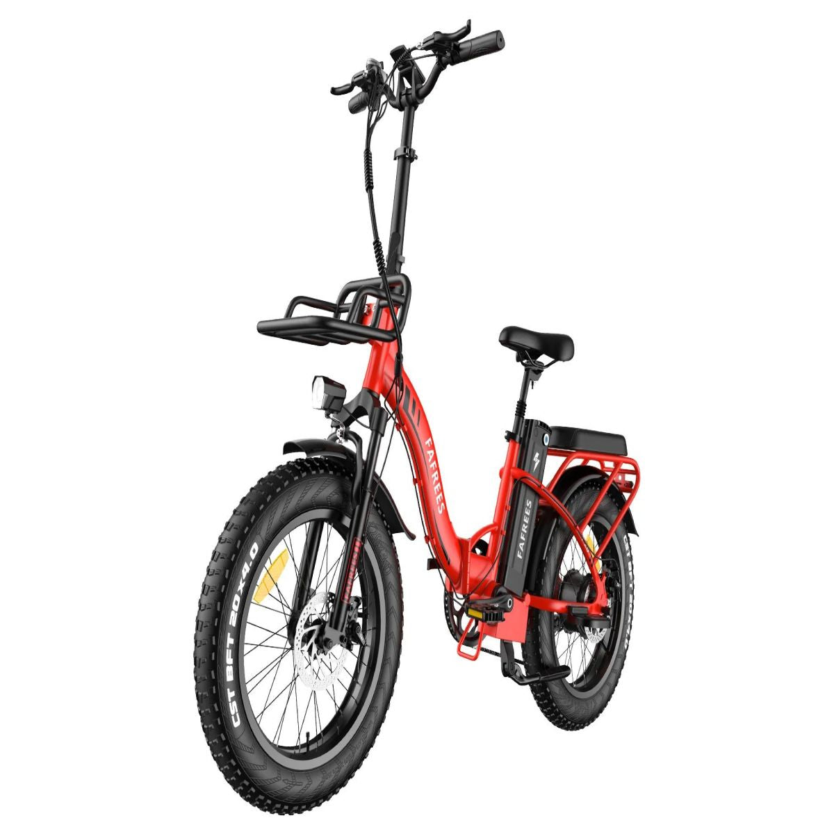Rotes Elektrofahrrad mit breiten Reifen und Gepäckträger. Der Hintergrund ist weiß.