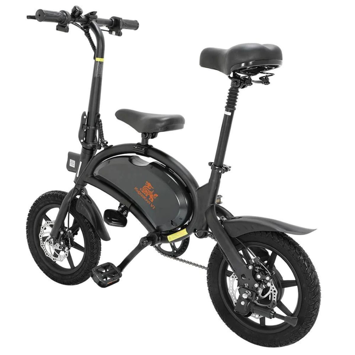 Bici elettrica pieghevole nera con sella e pneumatici neri, sfondo bianco.