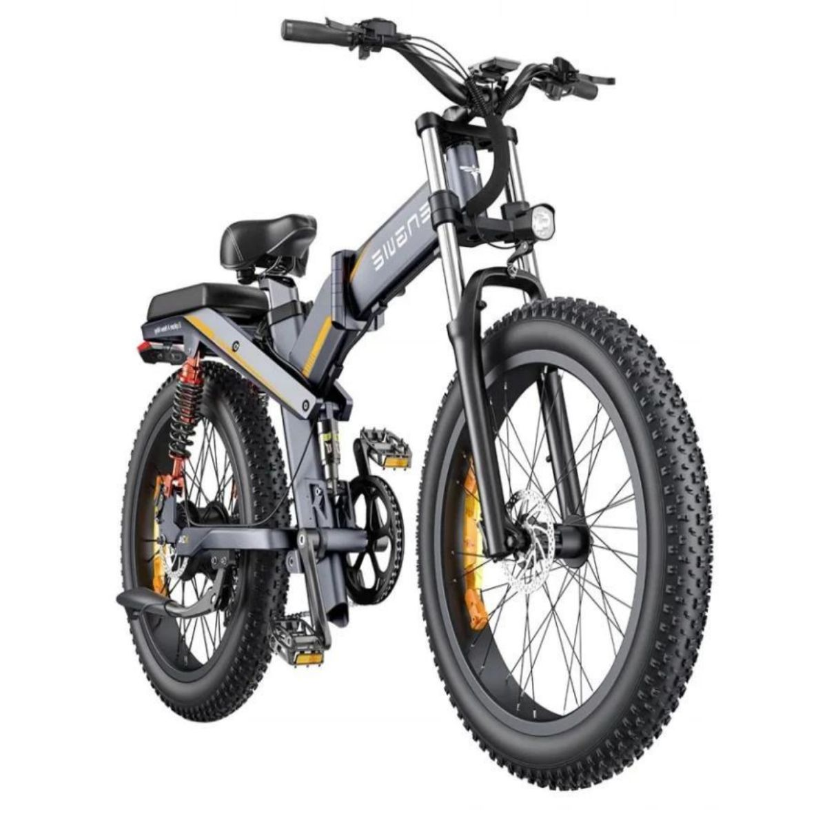 Bici elettrica pieghevole grigia, pneumatici neri, sfondo bianco.