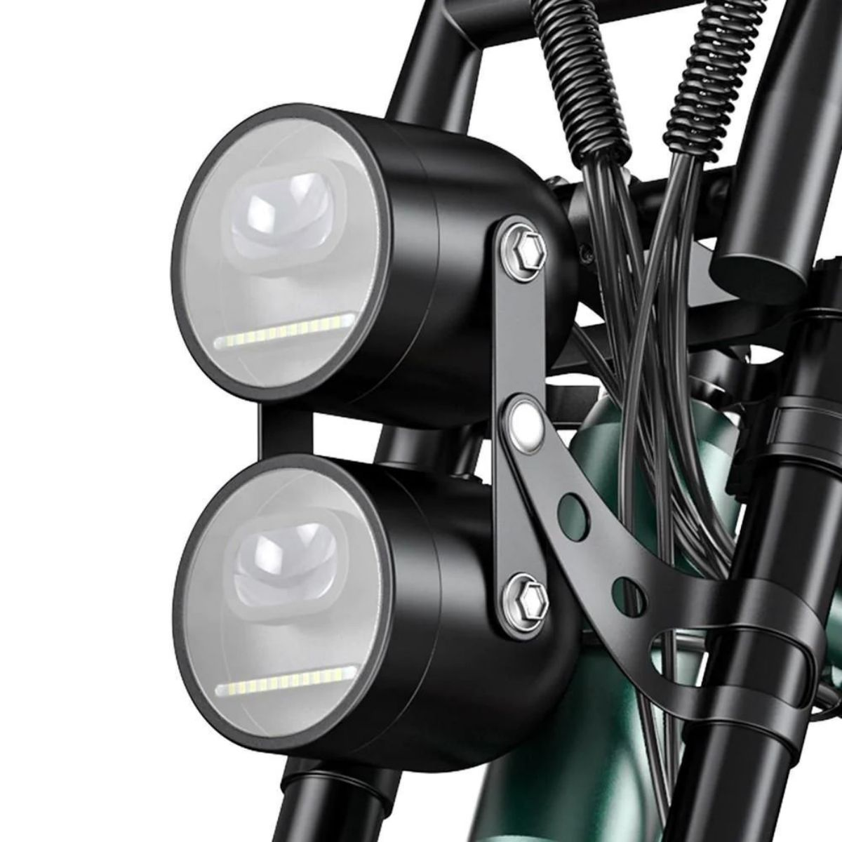 Fari neri per moto con luci a LED, montati su un telaio verde, primo piano.