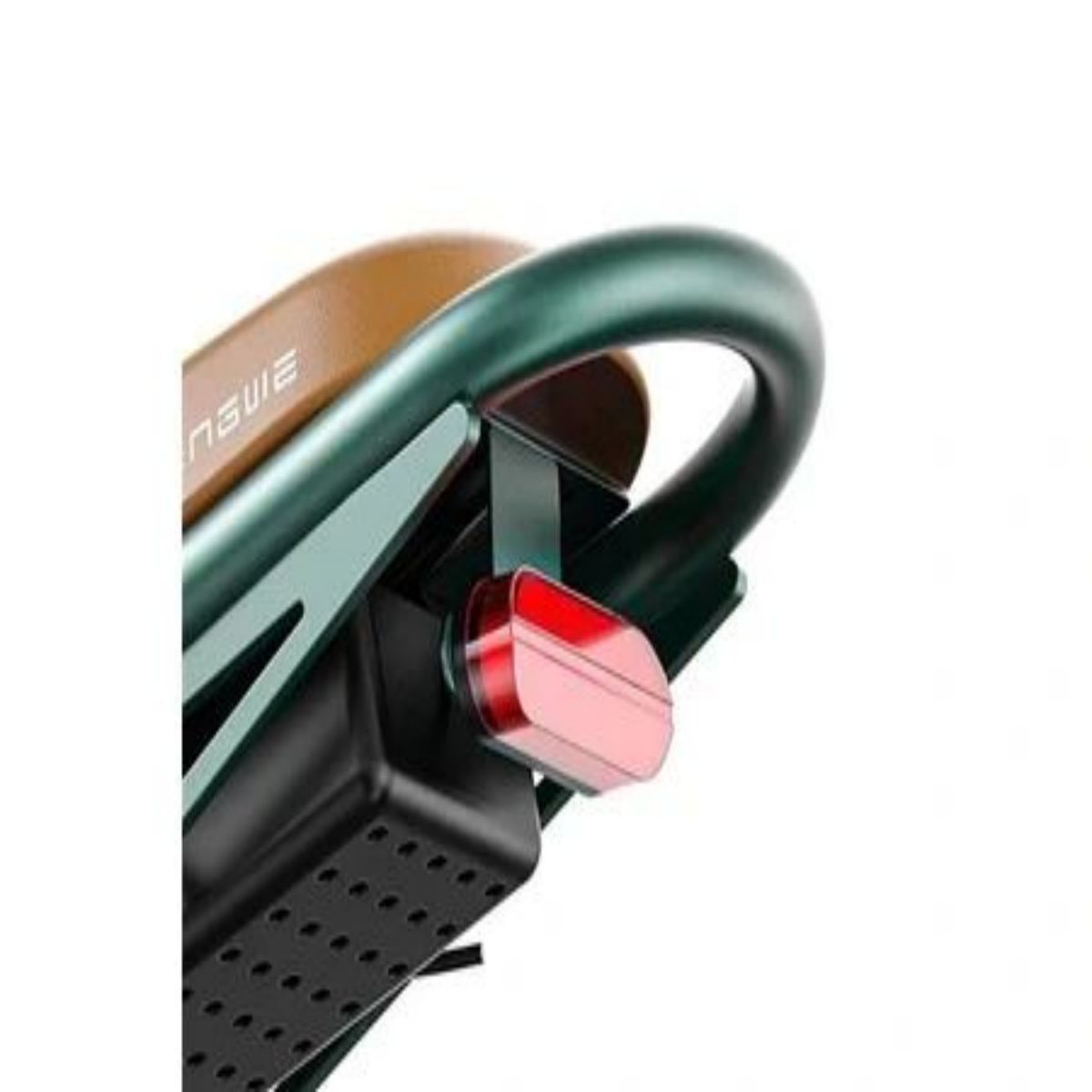 Fanale posteriore di una bicicletta, parte del telaio visibile. Nero e verde con luce rossa.
