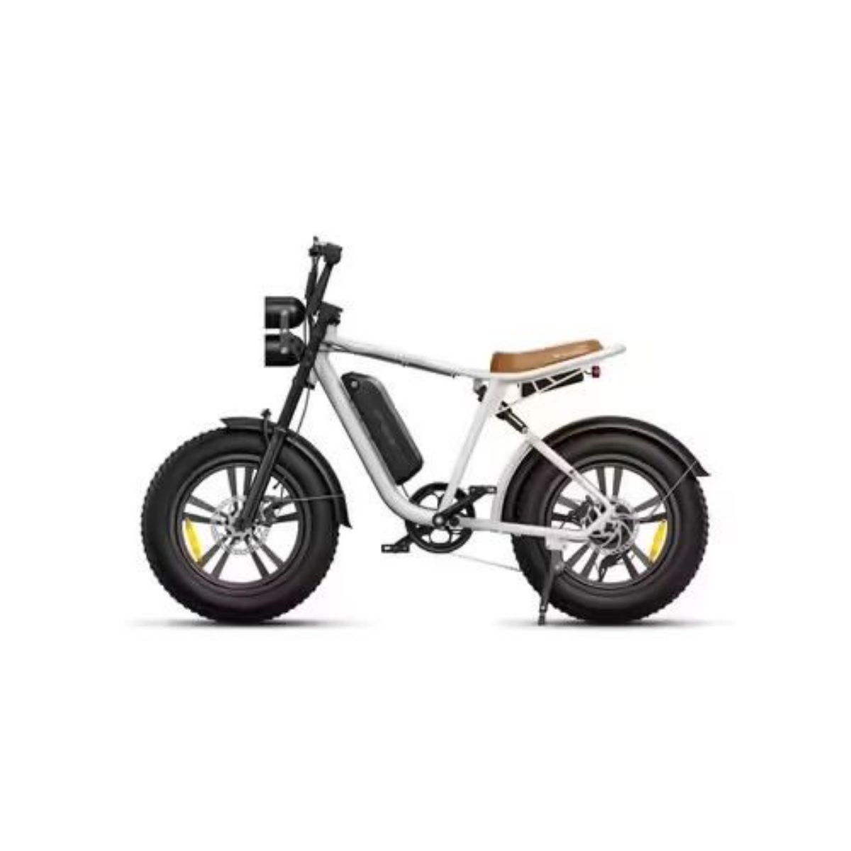 Una bici elettrica bianca e nera con sella marrone, pneumatici neri e fanale anteriore.