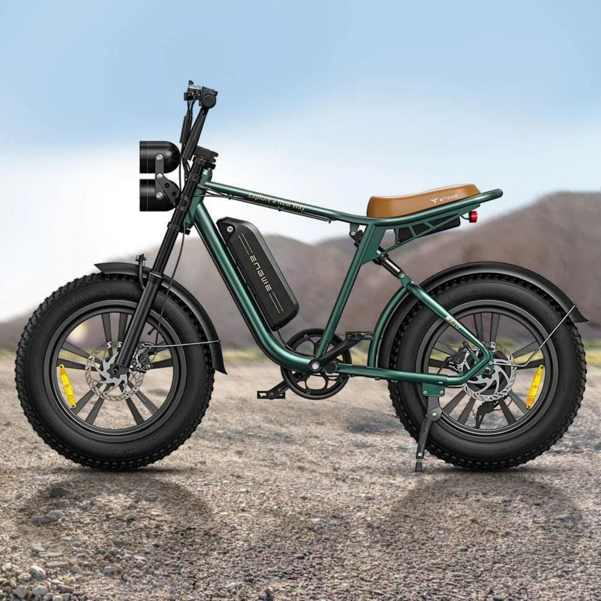 Una bicicletta elettrica verde con sella marrone su uno sfondo di cielo e montagne.