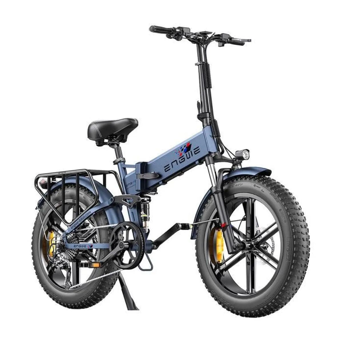 Bicicletta elettrica pieghevole blu e nera con pneumatici grandi, sfondo bianco.