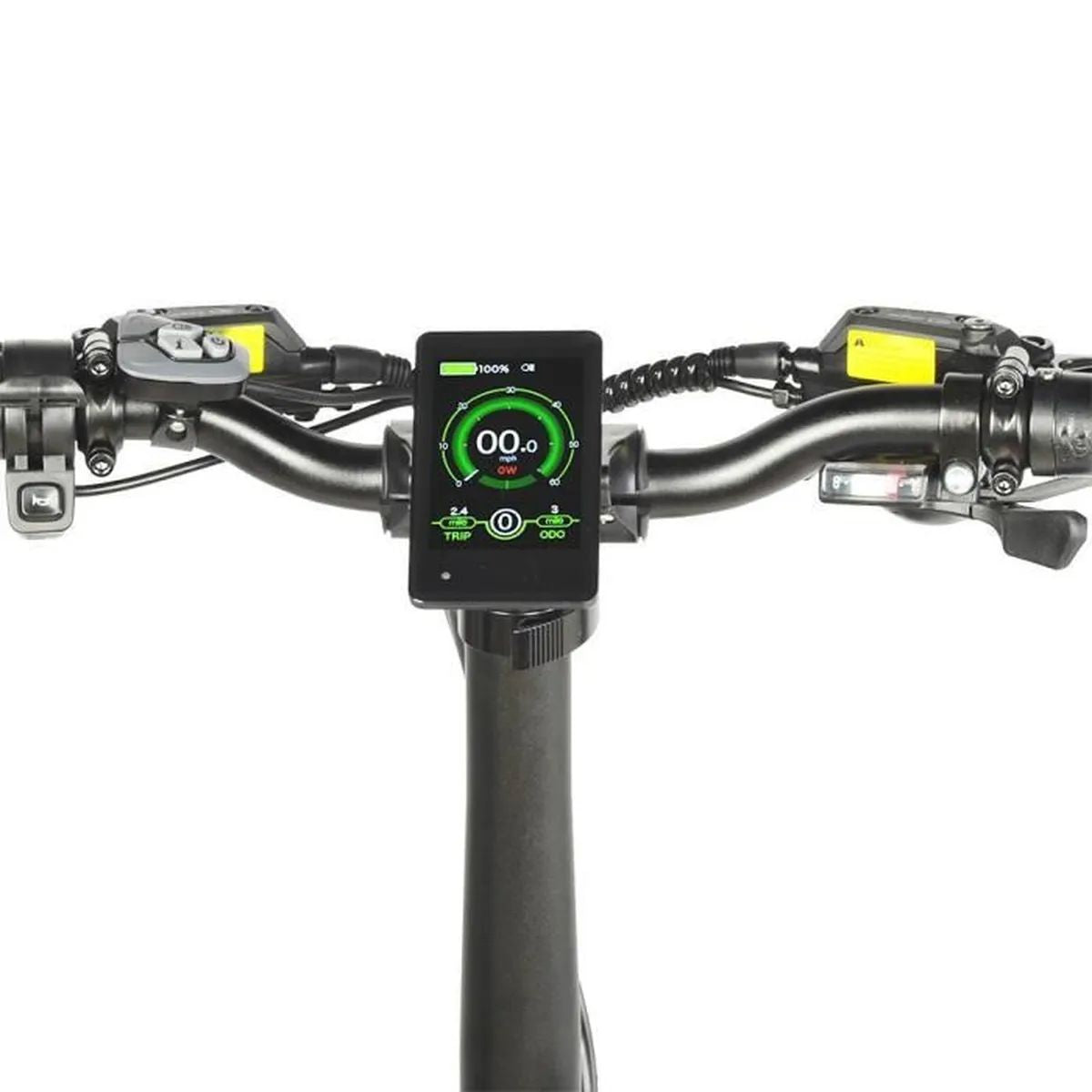 Un primo piano del manubrio di uno scooter. Mostra il display e i controlli.