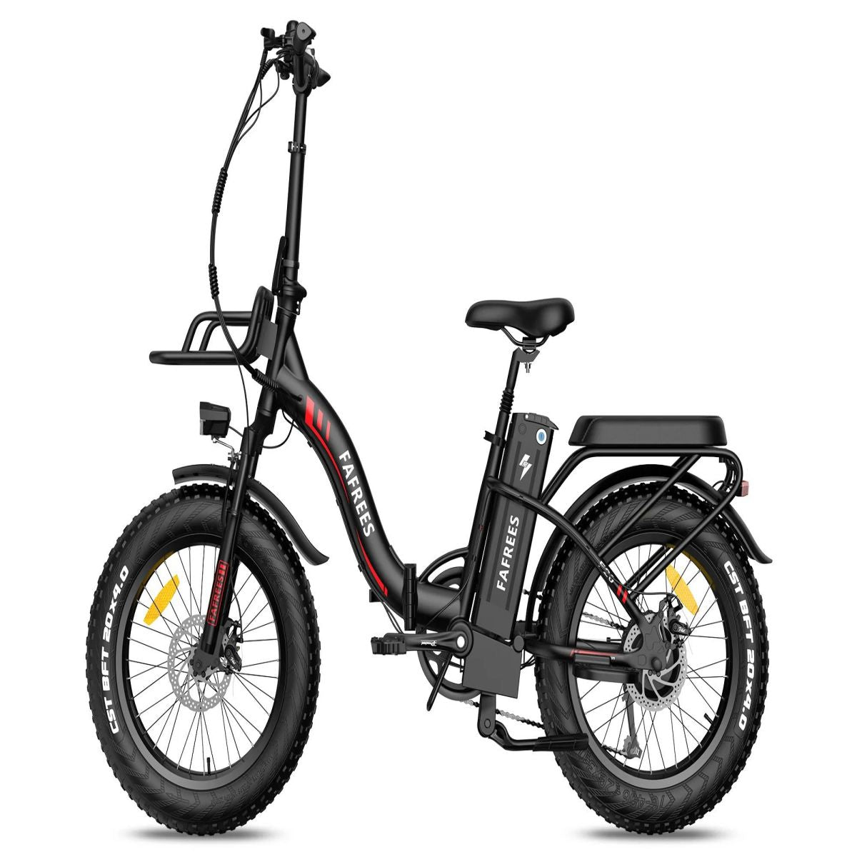 Schwarzes Elektro-Fatbike mit roten Akzenten, mit Korb und Akku, auf weißem Hintergrund.