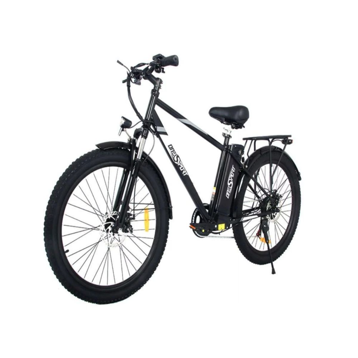 Bicicletta elettrica nera con pneumatici larghi. Ha un portapacchi posteriore e un sedile.