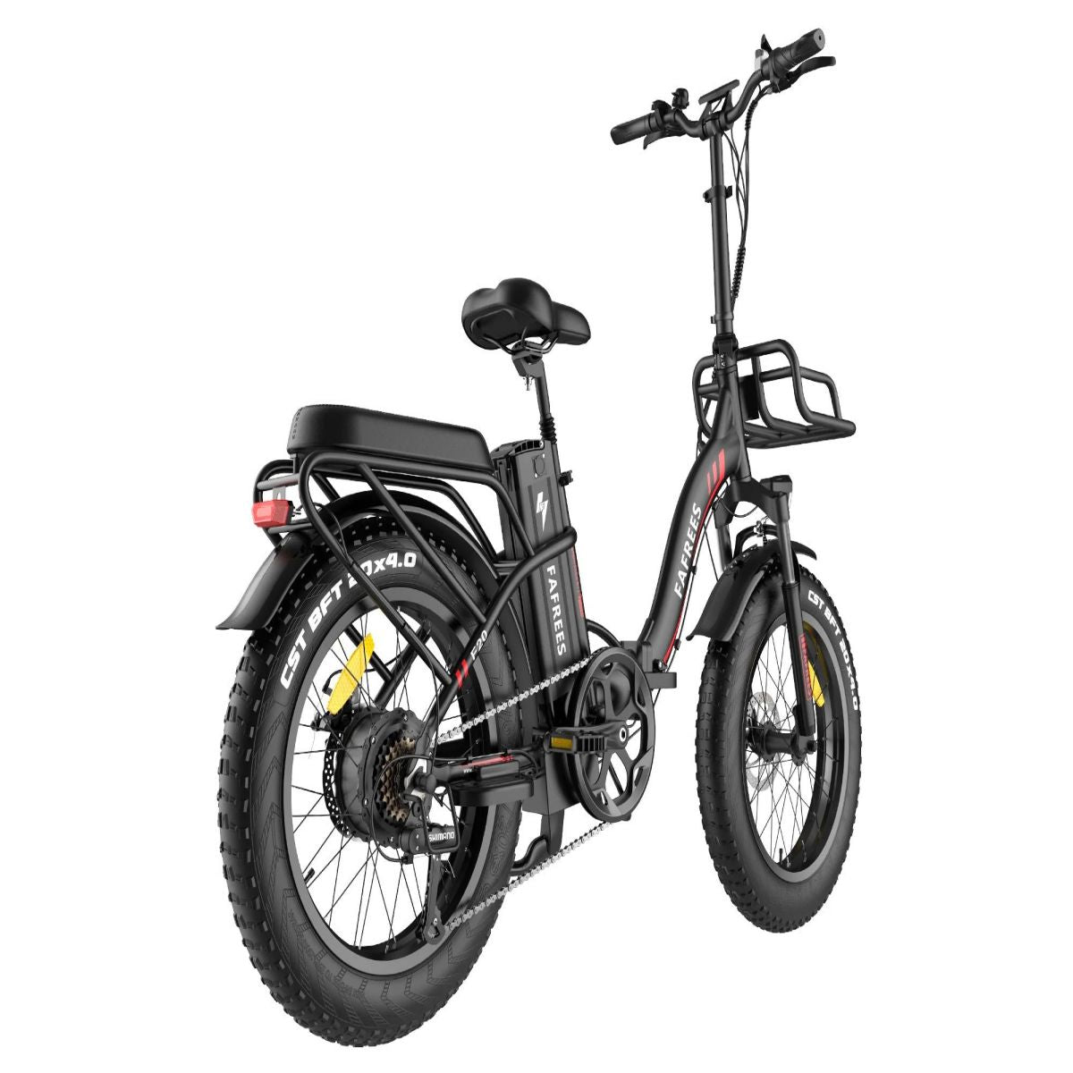 Schwarzes Elektrofahrrad, Seitenansicht, weißer Hintergrund.
