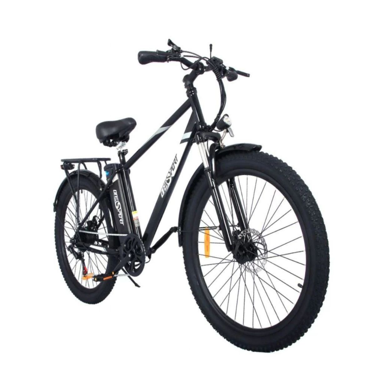 Bicicletta elettrica nera con pneumatici grandi su sfondo bianco.