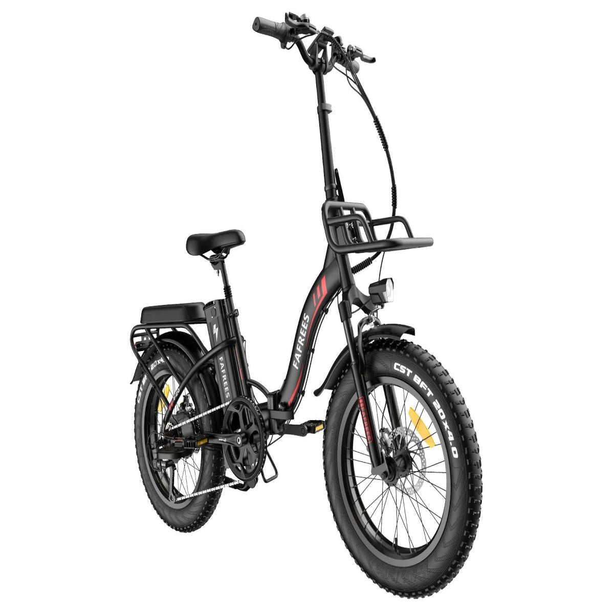 Schwarzes Klapp-Elektrofahrrad mit Korb, dicken Reifen und roten Akzenten.