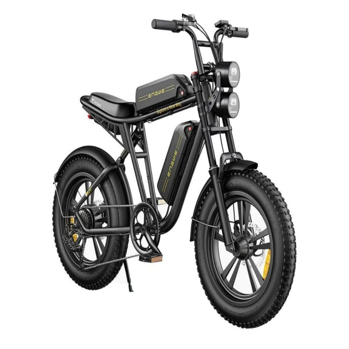 Bicicletta elettrica nera con pneumatici spessi su sfondo bianco.