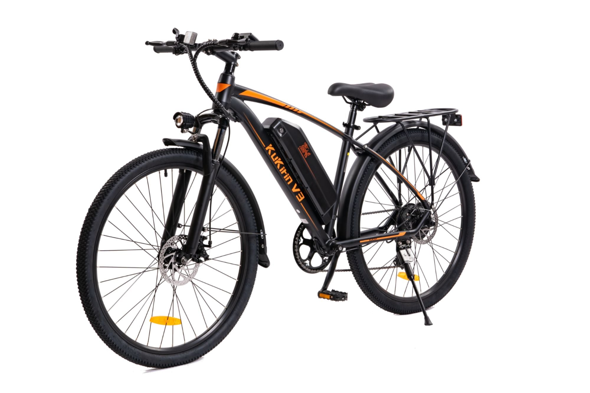 Una bici elettrica nera con telaio nero, luce e un accento arancione.