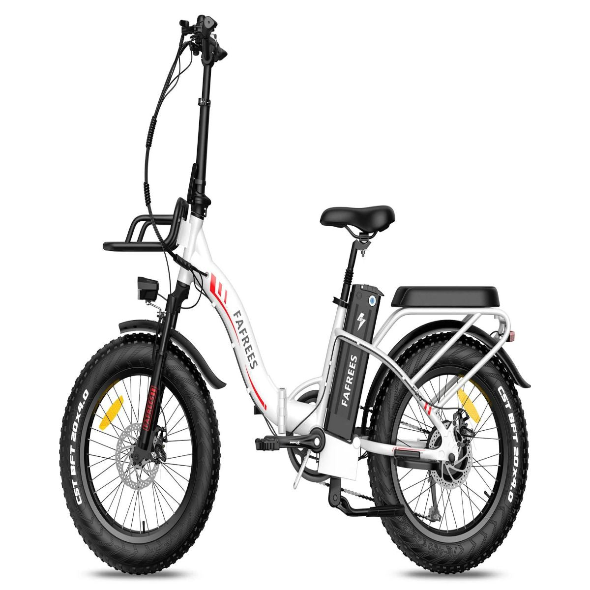 Ein weißes und rotes faltbares Elektrofahrrad mit schwarzen Reifen und Heckgepäckträger.