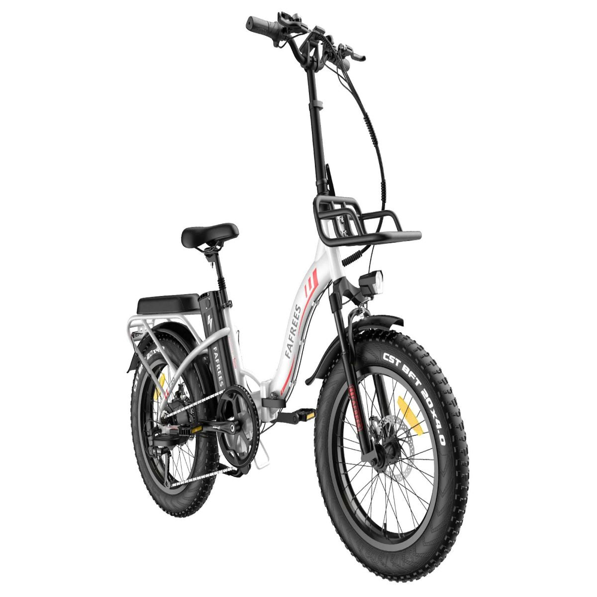 Weißes Elektrofahrrad mit schwarzen Details. Das Fahrrad hat einen Frontkorb und ist nach vorne gerichtet.