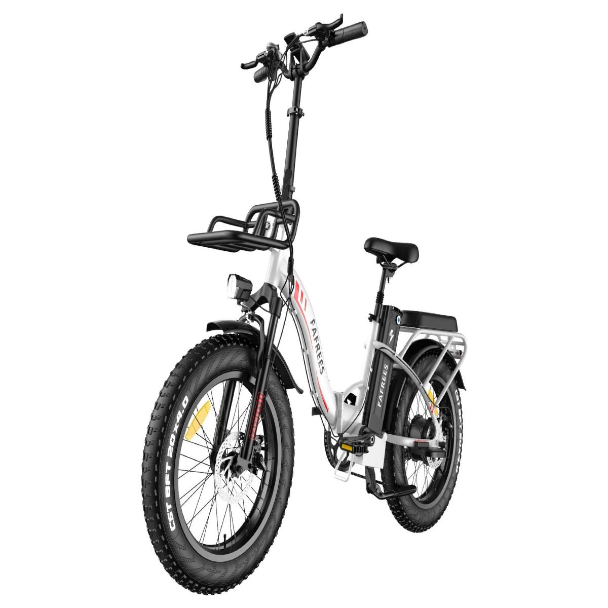 Ein Elektrofahrrad, weißer Rahmen, schwarze Reifen, mit einem Frontkorb.
