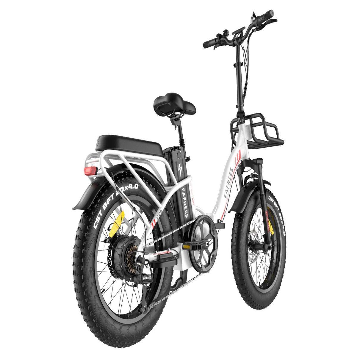 Weißes und schwarzes faltbares Elektrofahrrad mit schwarzem Akku und Korb vorne.