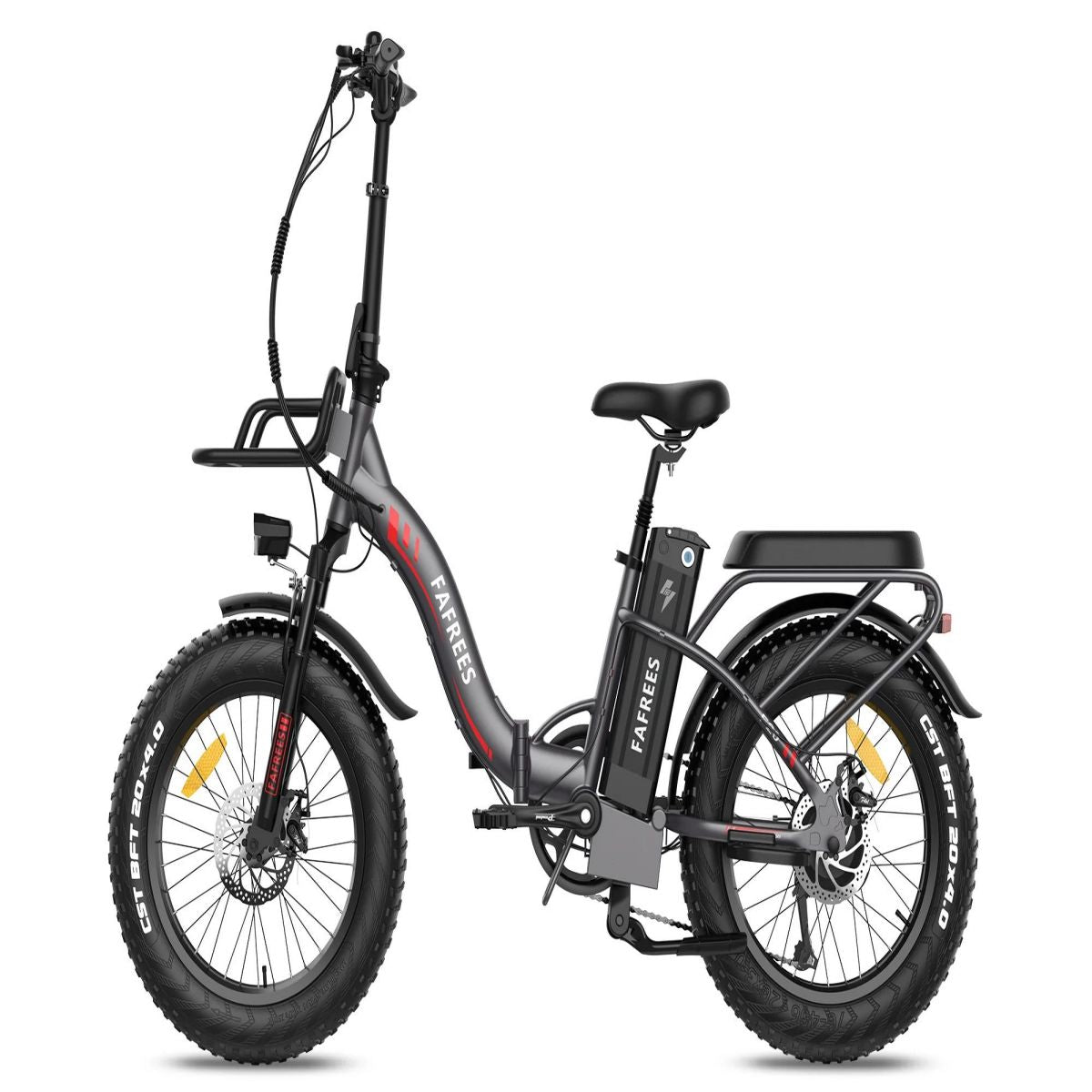Una bicicleta eléctrica gris con neumáticos gruesos, asiento negro y portaequipajes sobre fondo blanco.