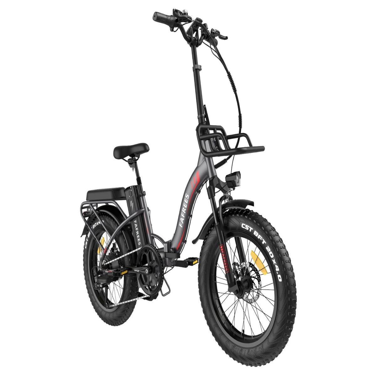 Una bicicleta eléctrica plegable negra y gris con neumáticos grandes.