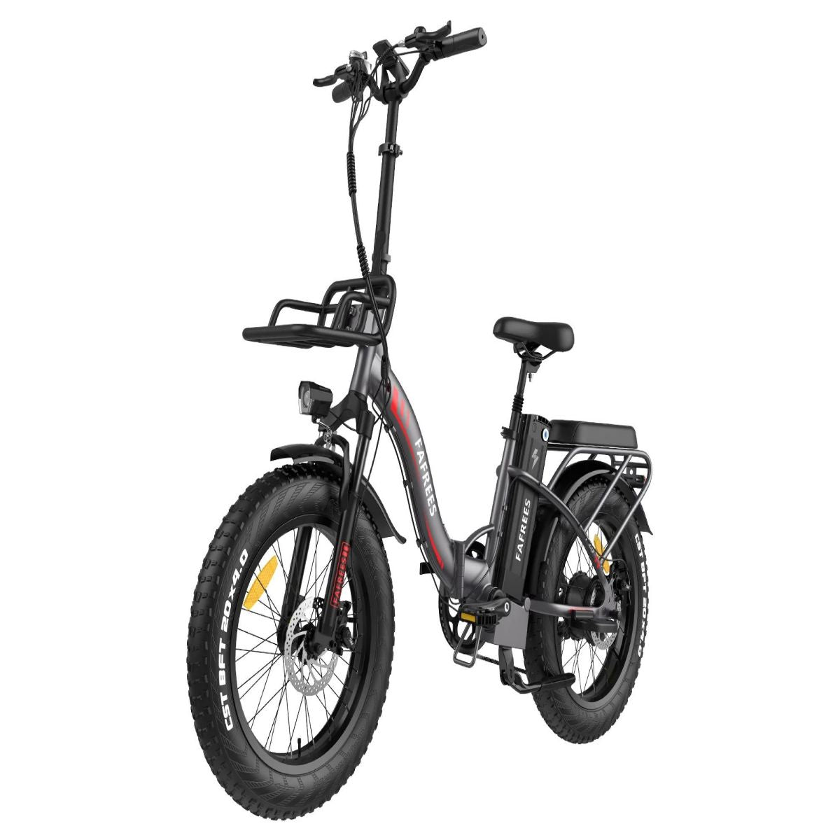 Bicicleta eléctrica negra con neumáticos grandes y una cesta delantera, estacionada al aire libre.