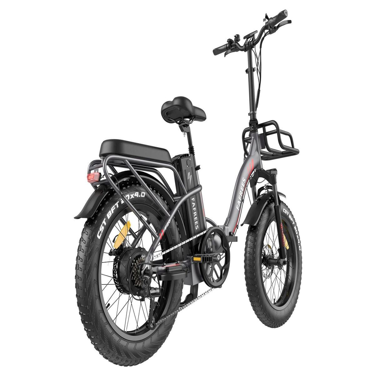 Bicicleta eléctrica gris con neumáticos negros y asiento negro, sobre fondo blanco.