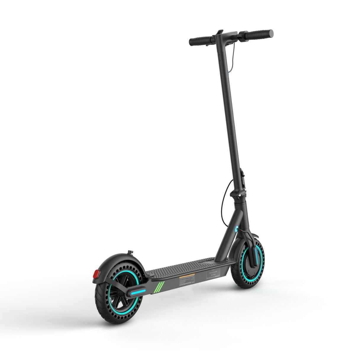 Un monopattino elettrico nero con accenti blu e verdi. Ha un manubrio nero e una ruota nera con finiture blu.