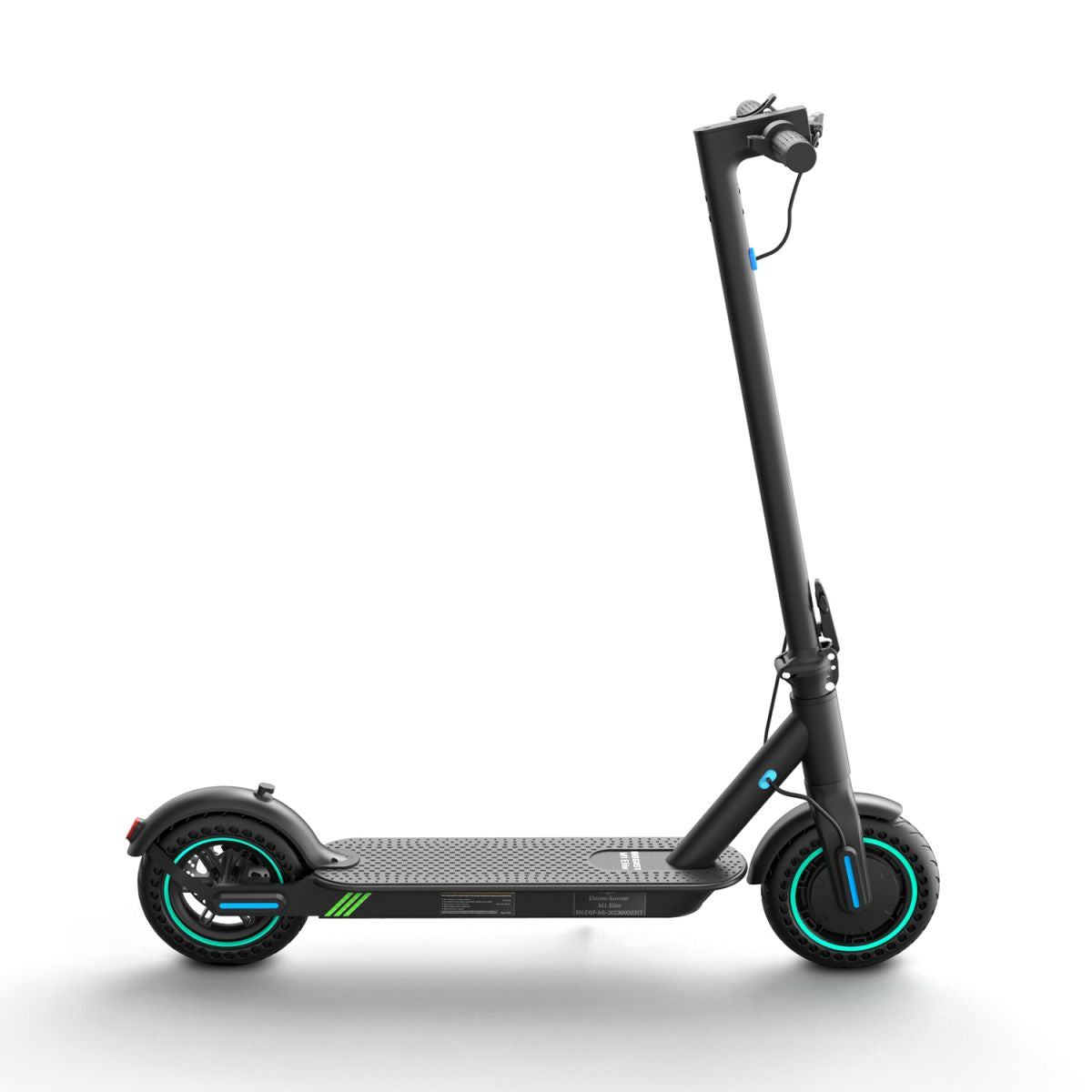 Un monopattino elettrico nero su sfondo bianco, con accenti blu e verdi.