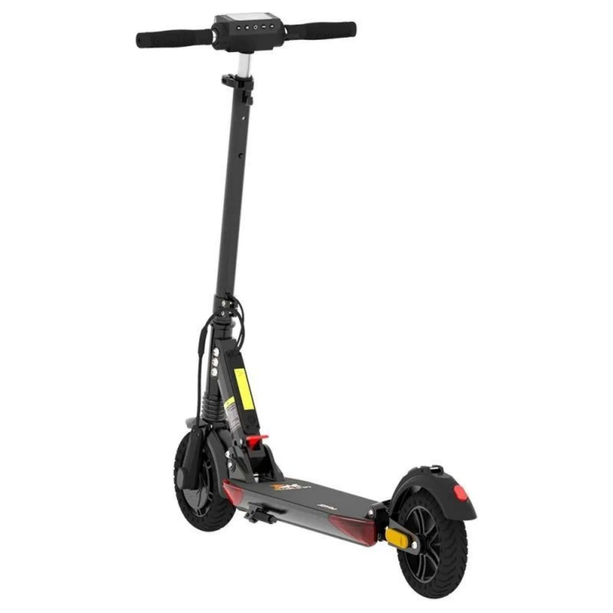 Scooter elettrico nero con manubrio nero su sfondo bianco, angolato verso destra.