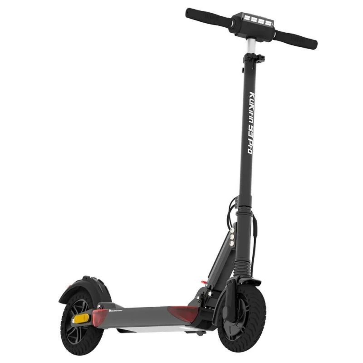 Un monopattino elettrico nero con dettagli rossi e display sul manubrio.