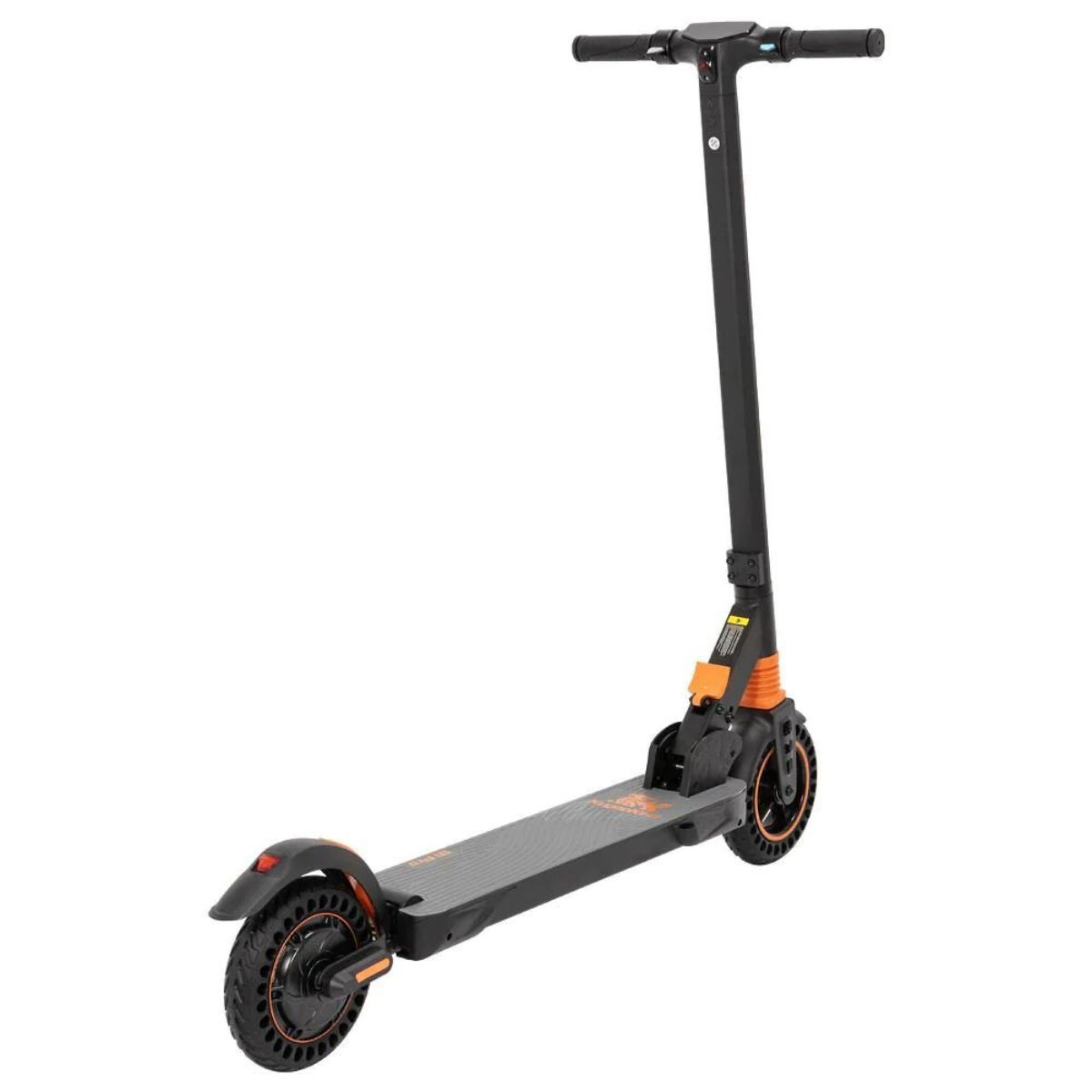 Scooter elettrico nero e arancione su sfondo bianco. Manubrio, piattaforma e ruote visibili.
