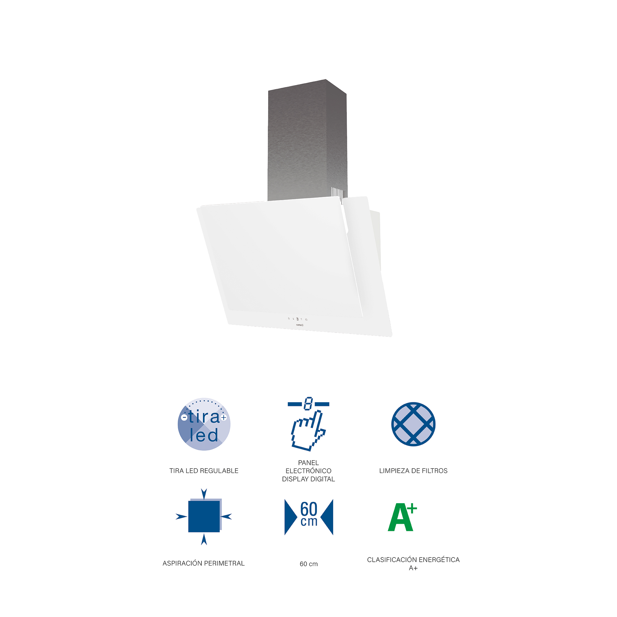 Campana extractora blanca con iconos, incluida calificación energética A+, sobre fondo blanco.